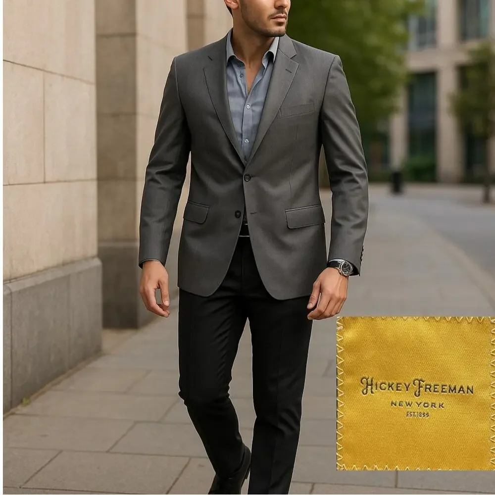 Hickey Freeman Suit Jacket Mens 44 R Gray Loro Piana Tasmanian Wool Modern USA